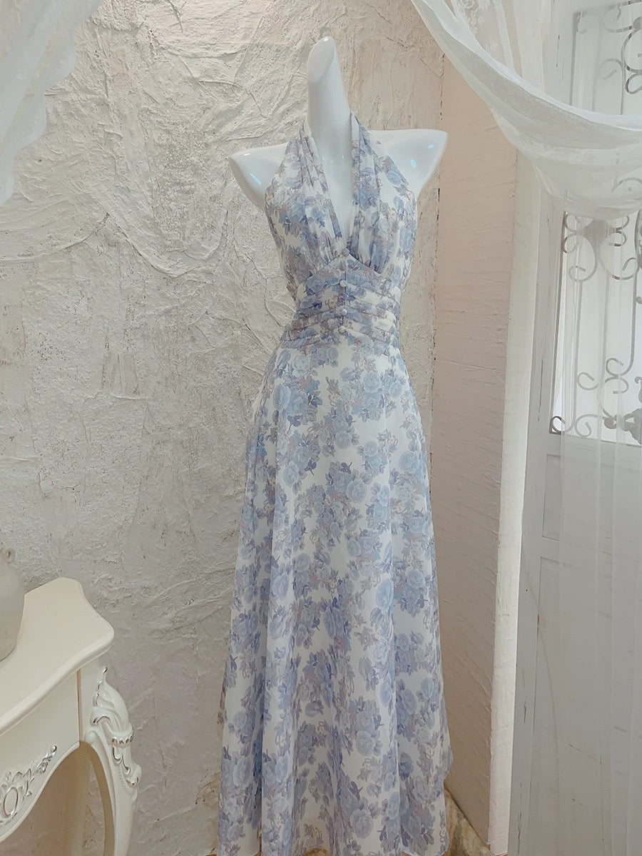 French A line Halter Lilac Floral Long Chiffon Prom Dresses Evening Dress