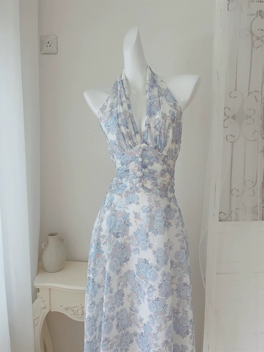 French A line Halter Lilac Floral Long Chiffon Prom Dresses Evening Dress