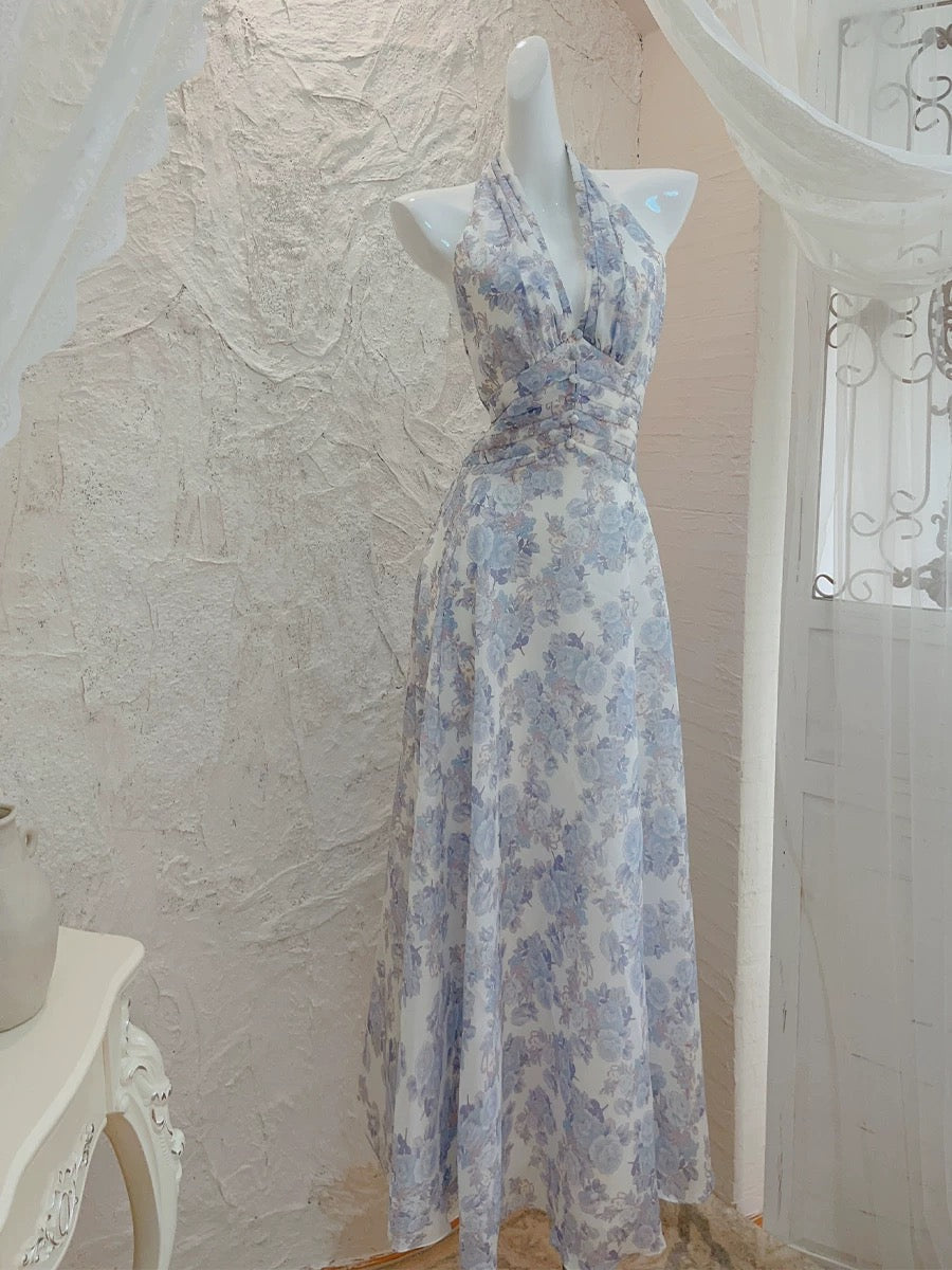 French A line Halter Lilac Floral Long Chiffon Prom Dresses Evening Dress
