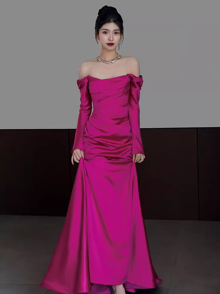 Sexy Mermaid Off The Shoulder Hot Pink Long Sleeves Prom Dresses Satin Birthday Outfits