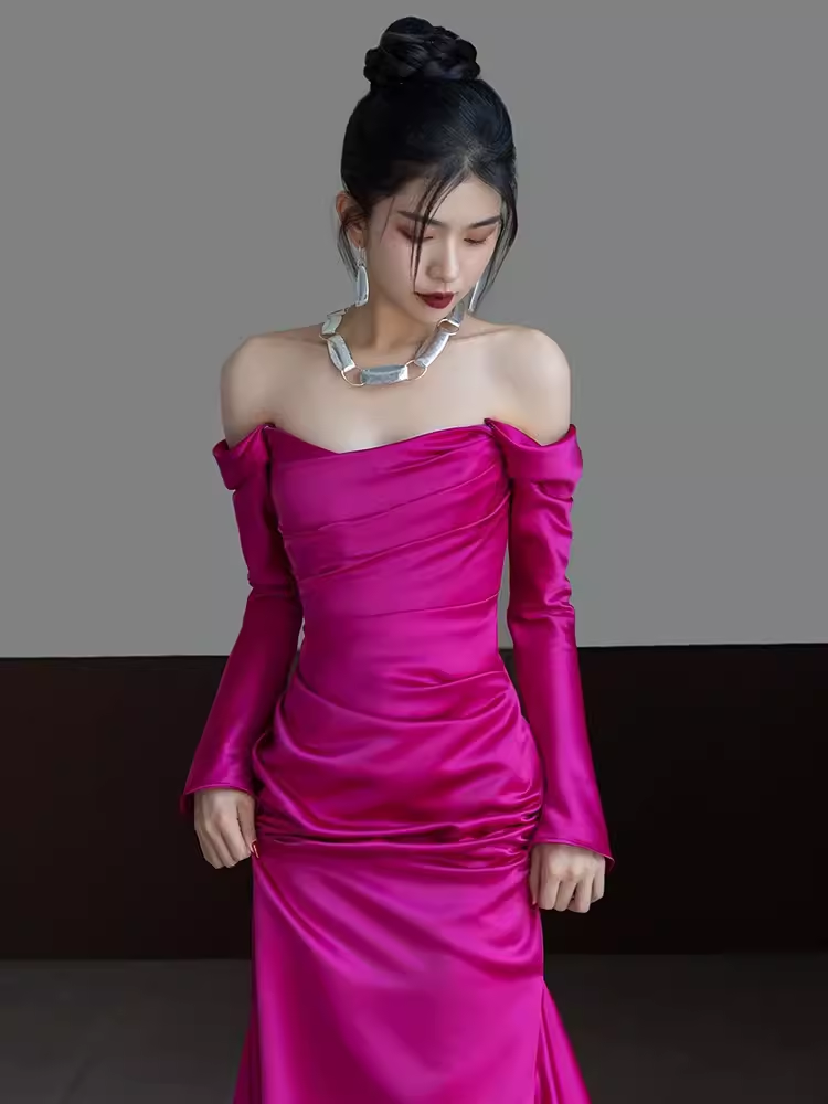 Sexy Mermaid Off The Shoulder Hot Pink Long Sleeves Prom Dresses Satin Birthday Outfits