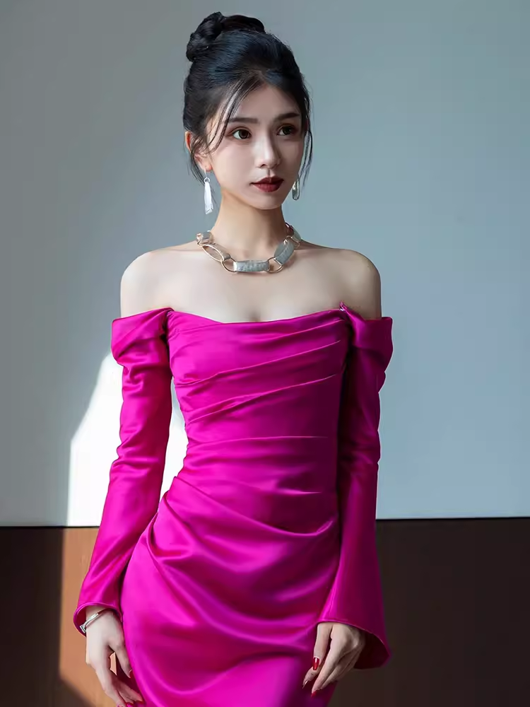 Sexy Mermaid Off The Shoulder Hot Pink Long Sleeves Prom Dresses Satin Birthday Outfits
