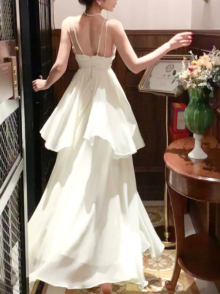 Classy A Line Spaghetti Straps Ivory Long Prom Dresses Evening Dress With Layers