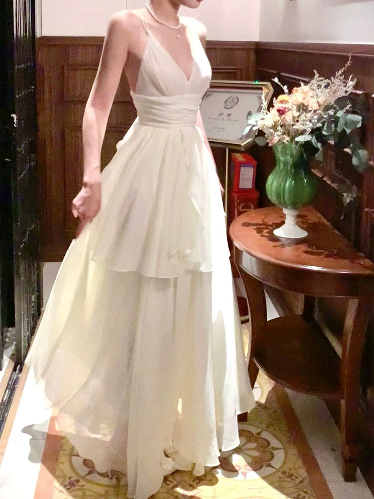 Classy A Line Spaghetti Straps Ivory Long Prom Dresses Evening Dress With Layers