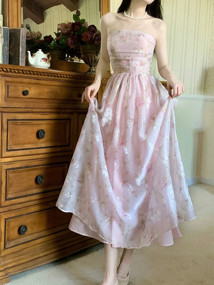 Classy A Line Strapless Pink Floral Knee Length Prom Dresses Evening Dress