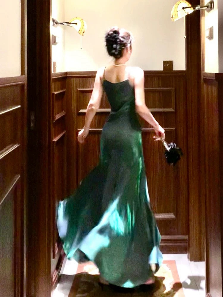 Vintage Sheath Spaghetti Straps Sleeveless Green Long Prom Dresses Evening Dress
