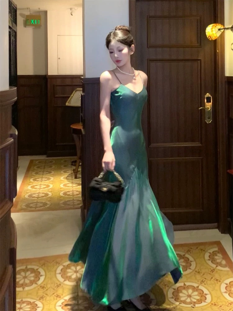 Vintage Sheath Spaghetti Straps Sleeveless Green Long Prom Dresses Evening Dress