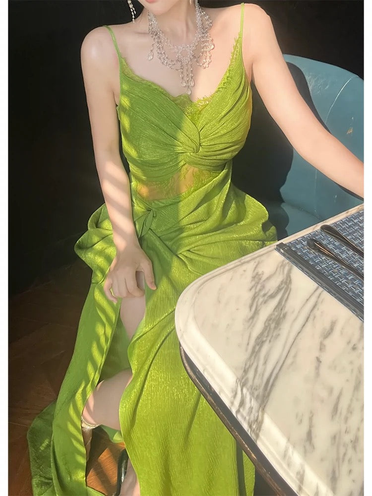 Vintage Sheath Spaghetti Straps Sleeveless Green Slit Prom Dresses Evening Dress