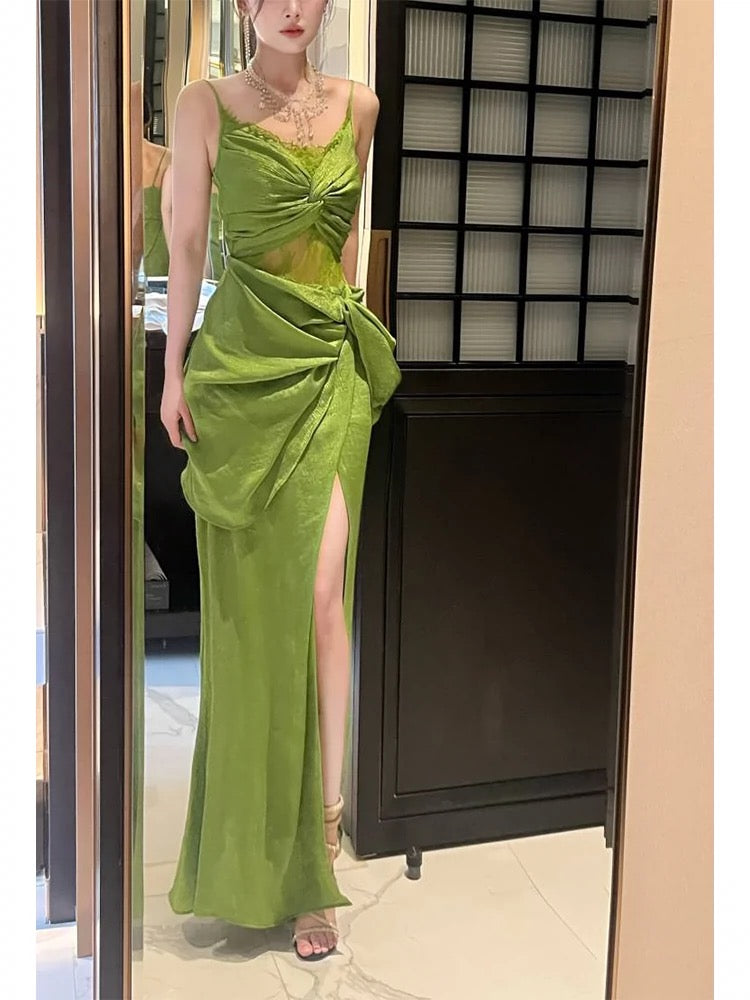 Vintage Sheath Spaghetti Straps Sleeveless Green Slit Prom Dresses Evening Dress