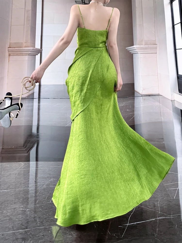 Vintage Sheath Spaghetti Straps Sleeveless Green Slit Prom Dresses Evening Dress