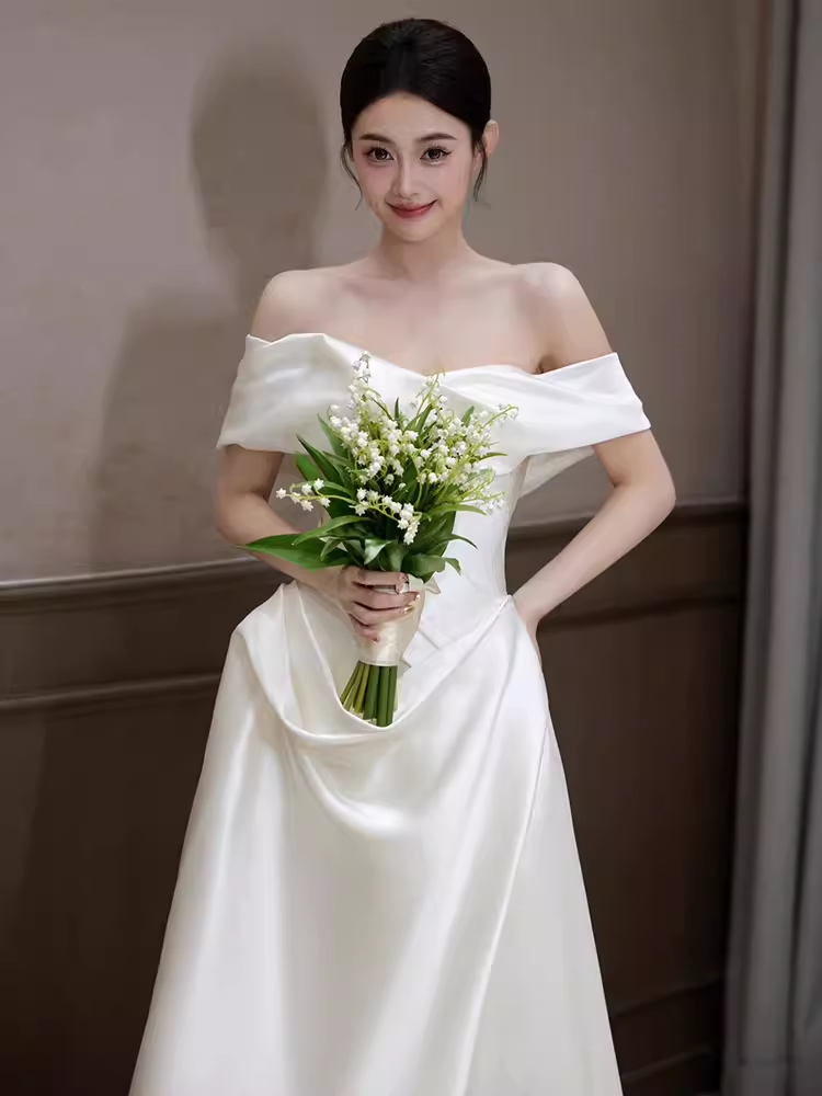 Elegant A line Off The Shoulder Satin Ruffles Long White Wedding Dresses