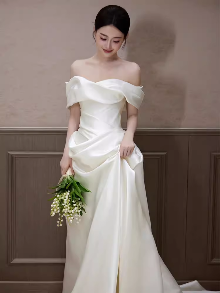 Elegant A line Off The Shoulder Satin Ruffles Long White Wedding Dresses