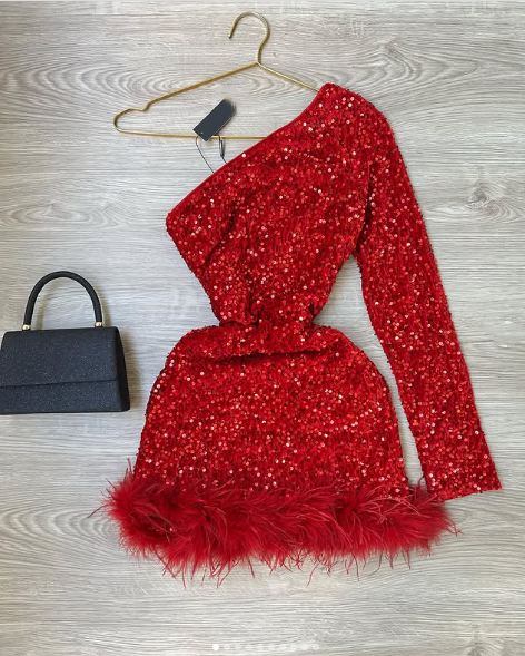 Sparkly One Shoulder Bodycon Velvet Feather Sequin Party Dress Red Homecoming Dresses