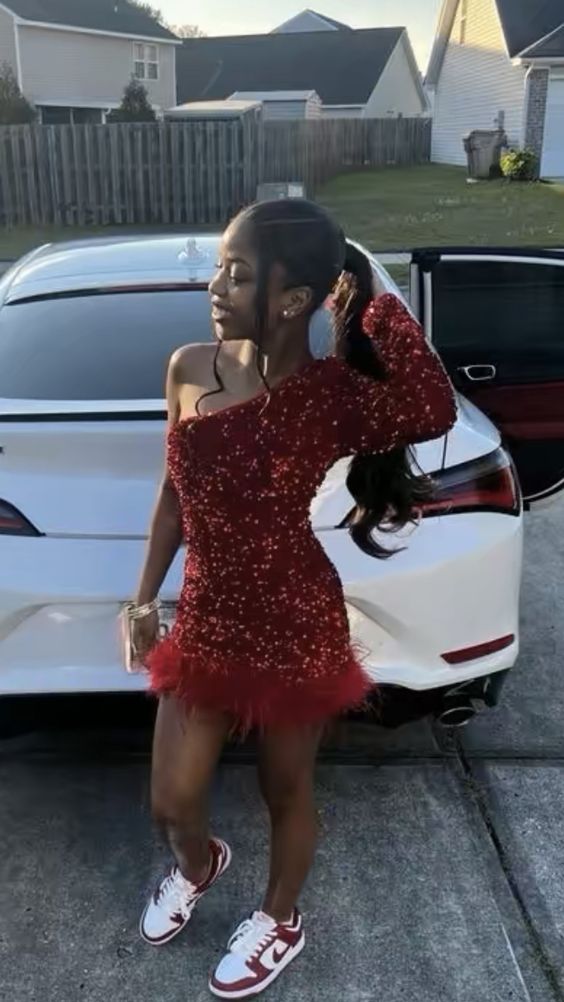 Sparkly One Shoulder Bodycon Velvet Feather Sequin Party Dress Red Homecoming Dresses