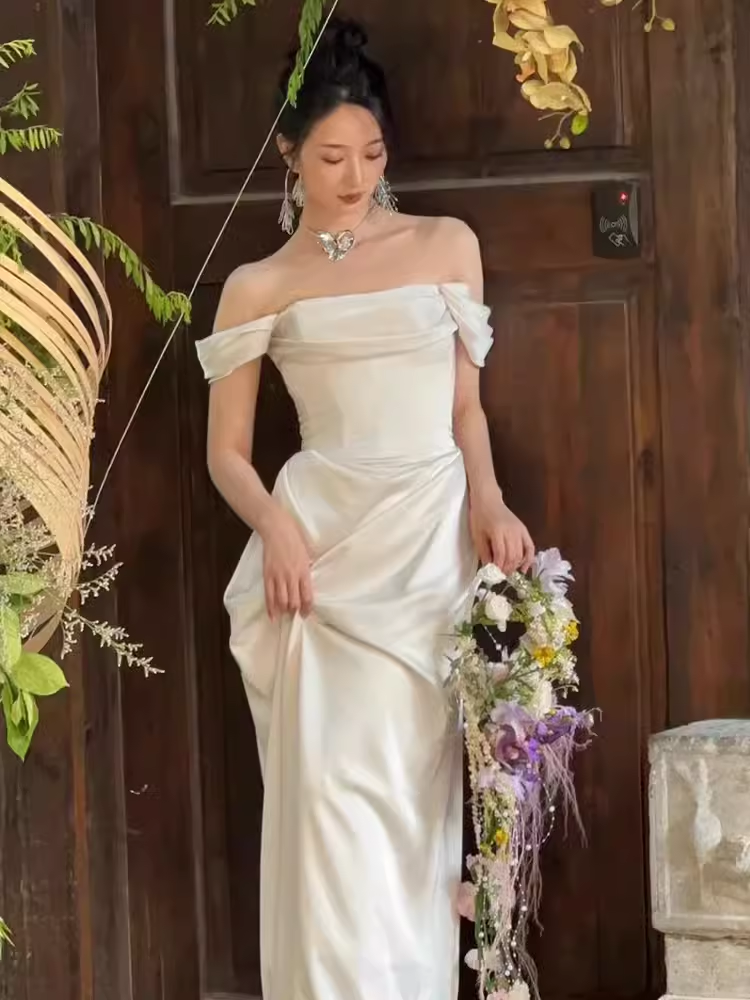 Simple A line Off The Shoulder Satin Ruffles Long White Wedding Dresses