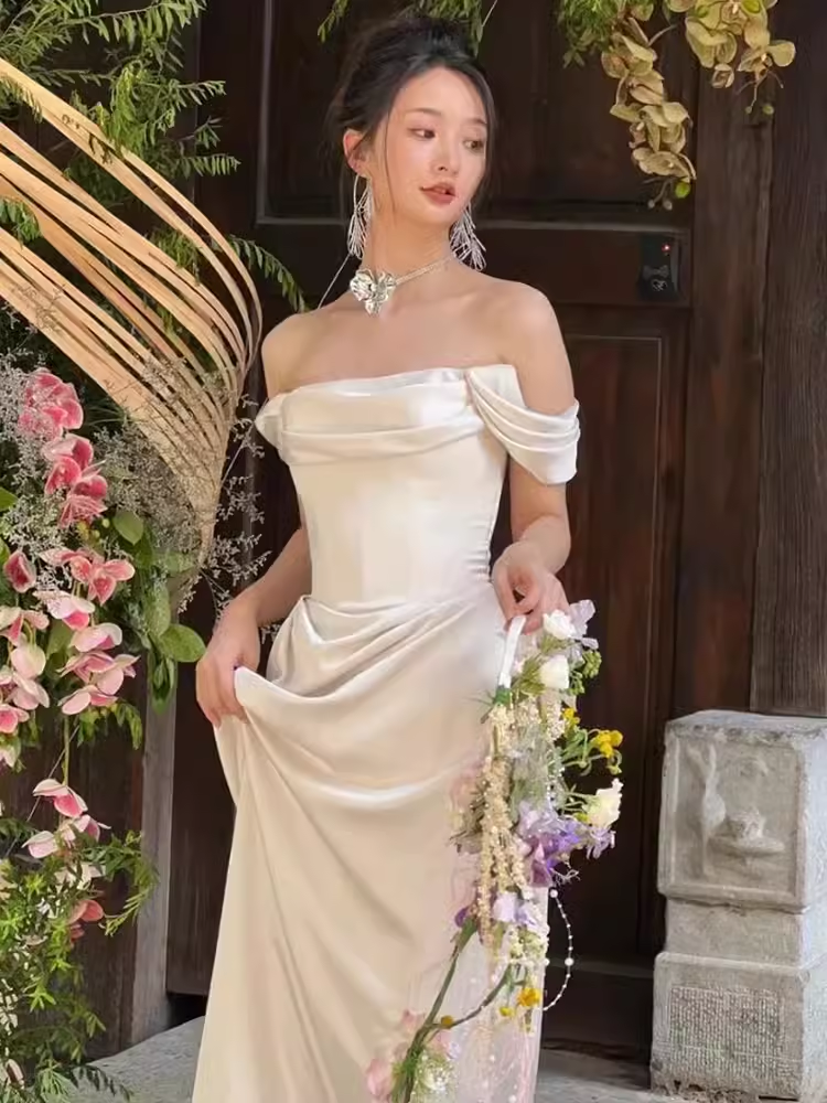 Simple A line Off The Shoulder Satin Ruffles Long White Wedding Dresses