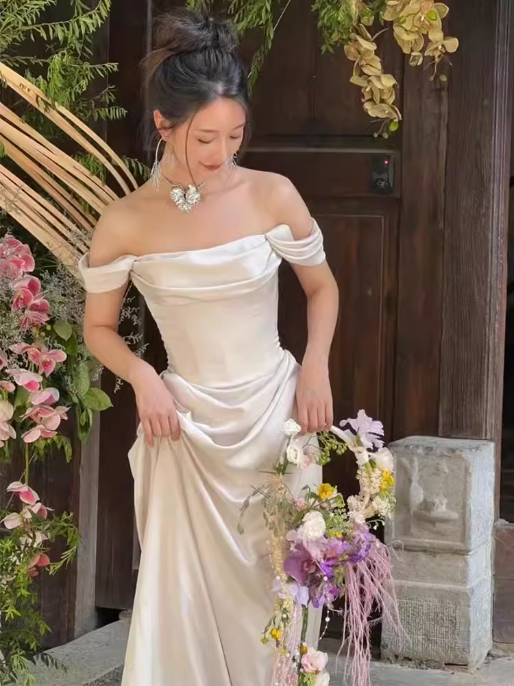 Simple A line Off The Shoulder Satin Ruffles Long White Wedding Dresses