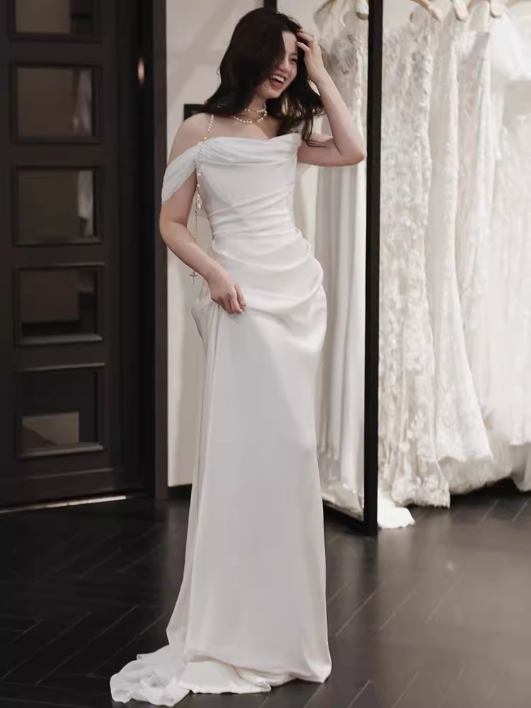 Simple A line Off The Shoulder Satin Ruffles Long White Wedding Dresses