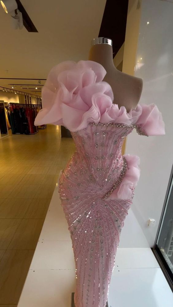 Sexy Sheath Strapless Pink Long Prom Dresses Evening Dress With Beads