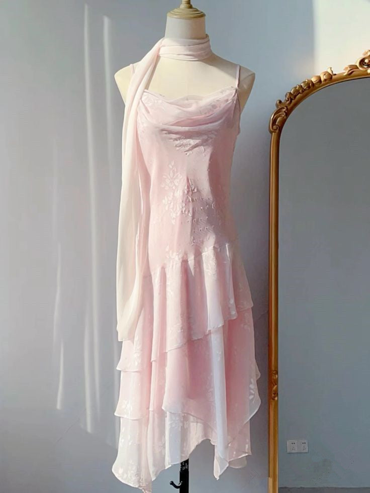 Classic A Line Spaghetti Straps Pink Chiffon Prom Dress With Ruffles