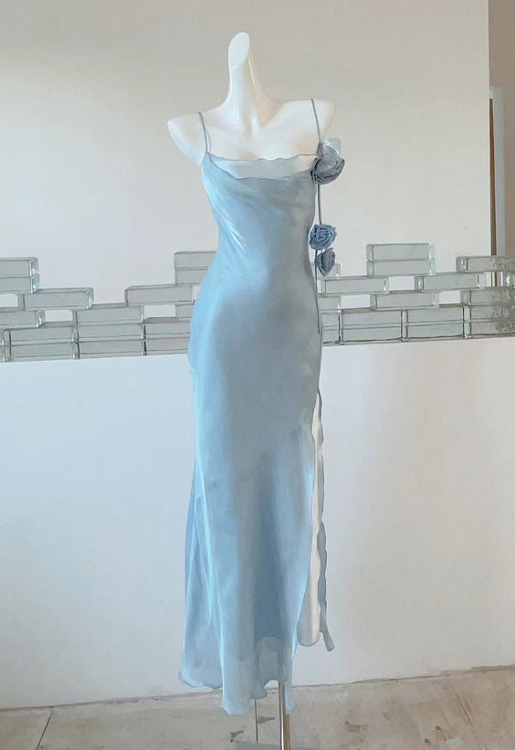 Classic Sheath Spaghetti Straps Light Sky Blue Prom Dress With Flower