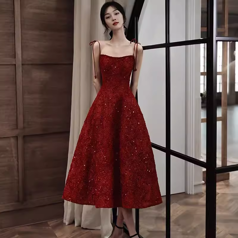 Sexy A Line Spaghetti Straps Red Prom Dresses Lace Birthday Outfits