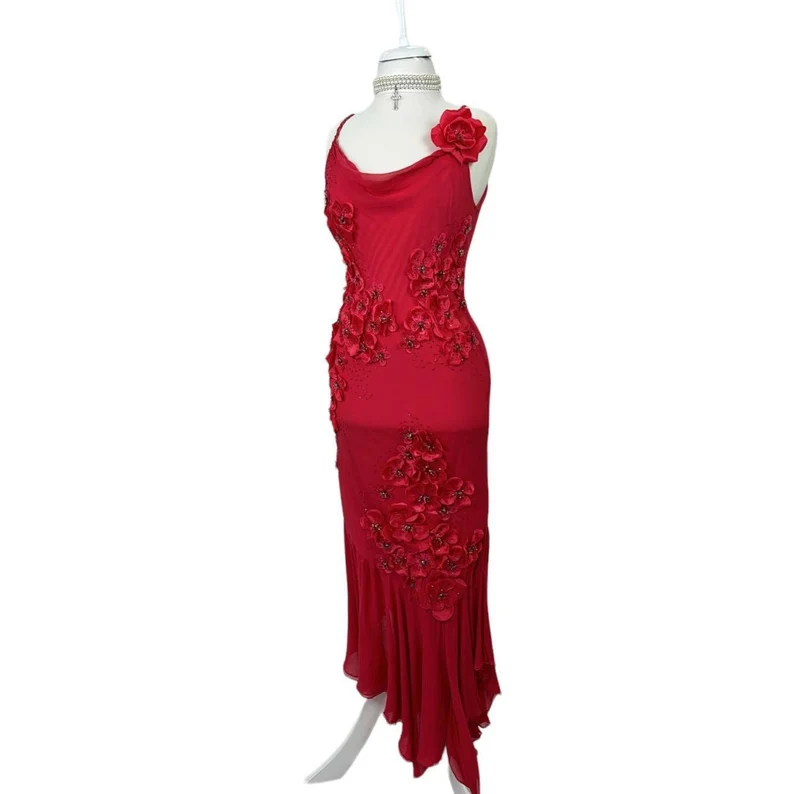 Sexy Sheath Spaghetti Straps Sleeveless Red Chiffon Prom Dresses Evening Gowns