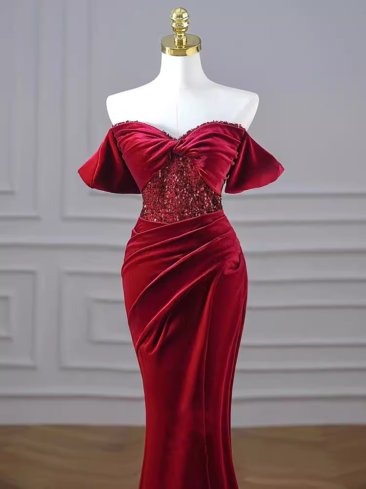 Sexy Mermaid Burgundy Off The Shoulder Long Prom Dresses Velvet Birthday Outfits