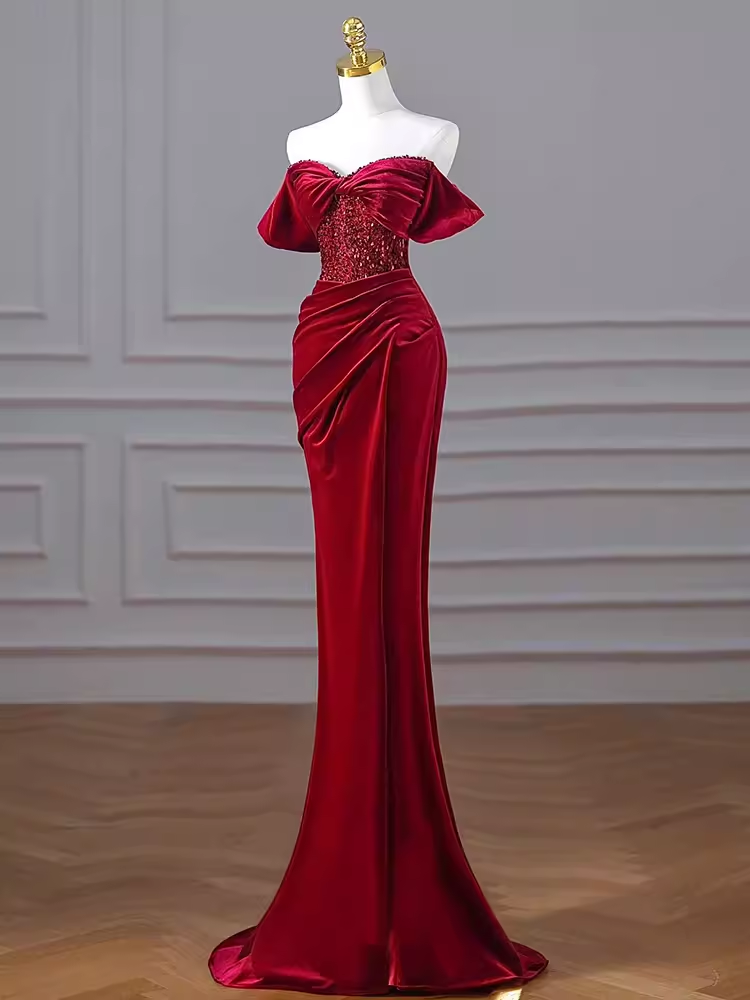 Sexy Mermaid Burgundy Off The Shoulder Long Prom Dresses Velvet Birthday Outfits