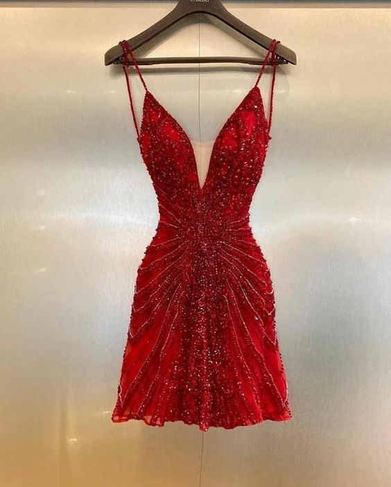 Luxury Red Beaded Homecoming Dresses Bodycon Mini Party Dress