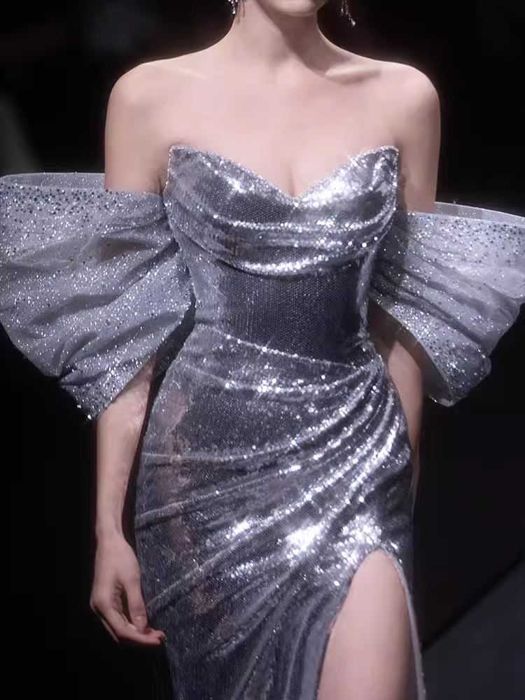 Sexy Mermaid Strapless Sequin Silver Slit Prom Dresses Long Birthday Outfits