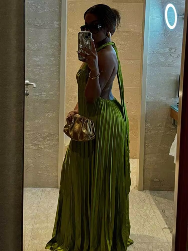 Classy A line Halter Ruffles Floor Length Green Prom Dresses Black Girl Prom Gowns