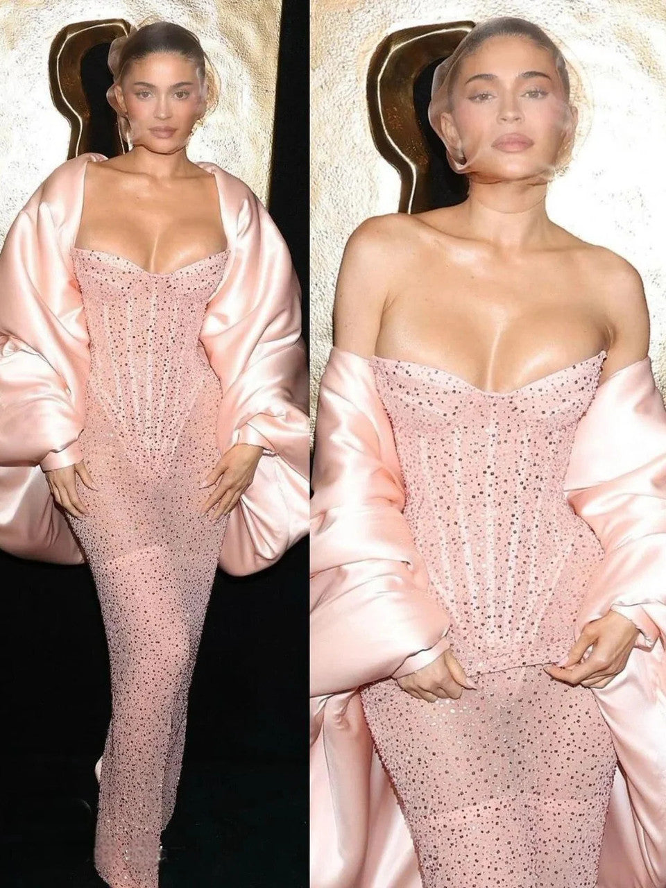 Classy Sheath Strapless Sequin Floor Length Pink Slit Prom Dresses Prom Gowns