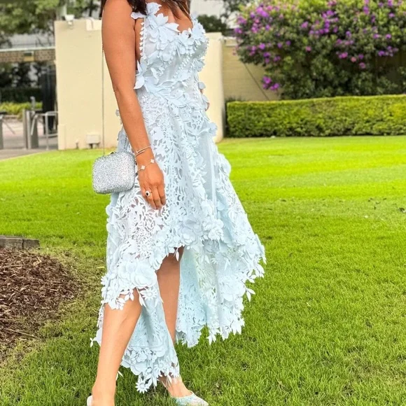 Classy High Low Halter Light Sky Blue Satin Prom Dresses With Flowers Backless Prom Gowns