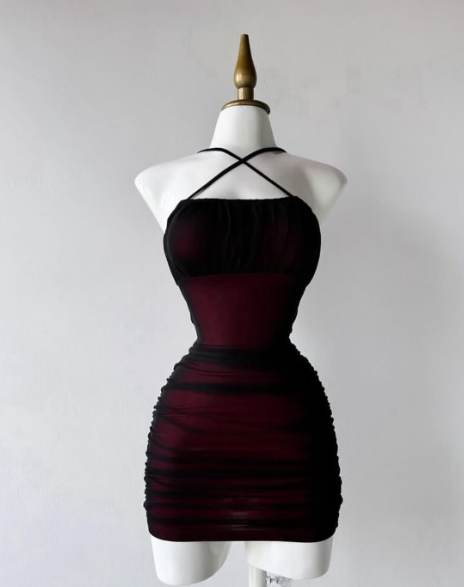 Simple Sheath Halter Black Burgundy Homecoming Dresses Short Cocktail Dress With Ruffles