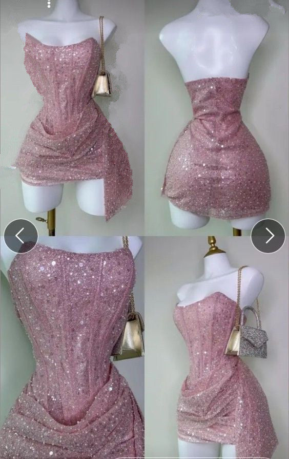 Cheap Sheath Strapless Pink Sequin Homecoming Dresses Short Birthday Dress