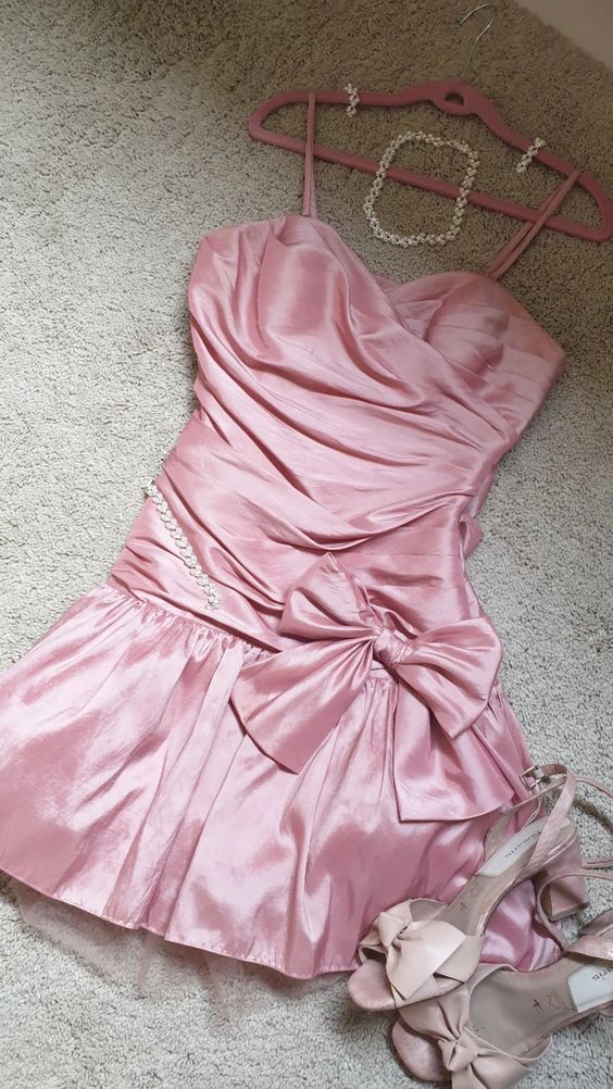 Cute A line Straps Pink Satin Homecoming Dresses Short Birthday Dress With Bow