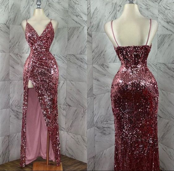 Pretty Sheath Spaghetti Straps Sequin Long Prom Dresses Glitter Slit Evening Dress