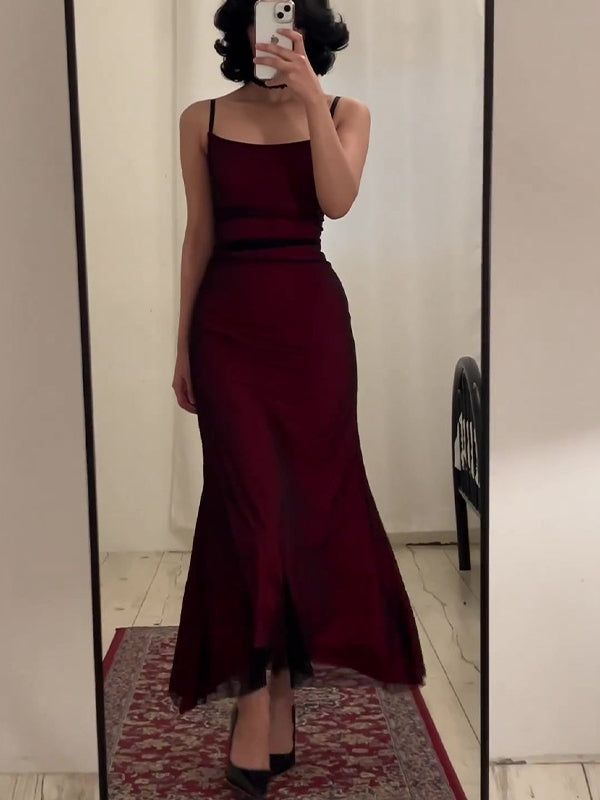 Fancy Sheath Straps Burgundy Black Long Prom Dresses