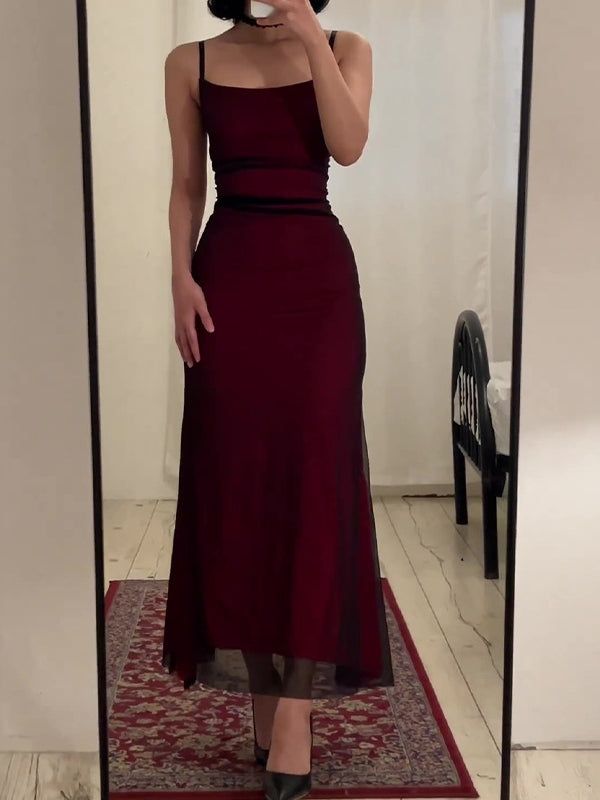 Fancy Sheath Straps Burgundy Black Long Prom Dresses