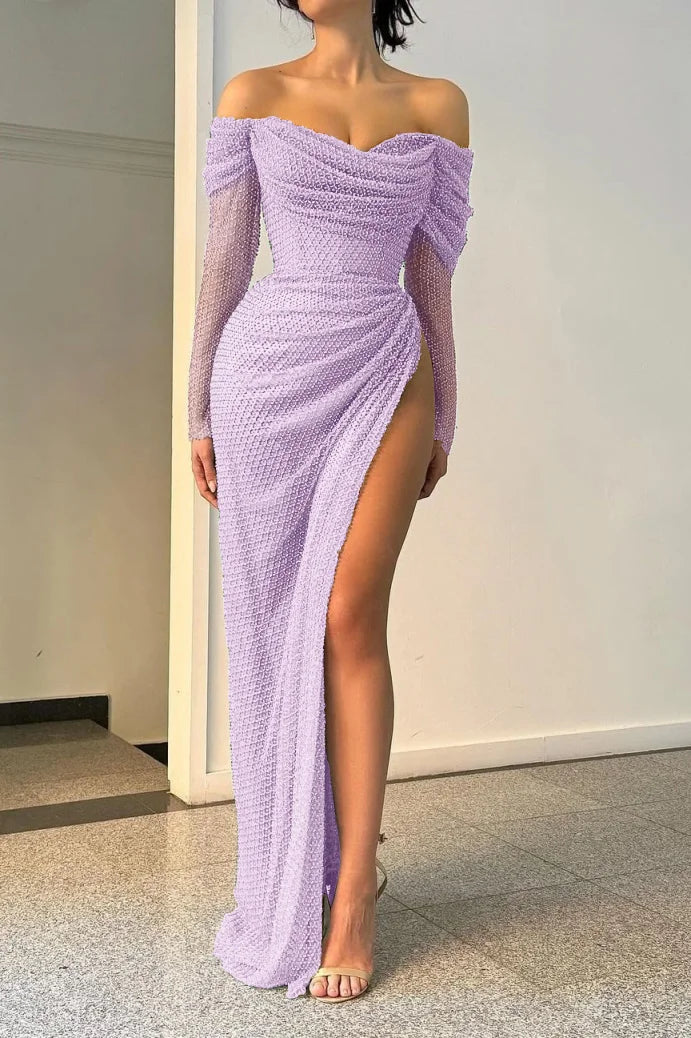 Fancy Sheath Off The Shoulder Sequin Burgundy Slit Long Prom Dresses