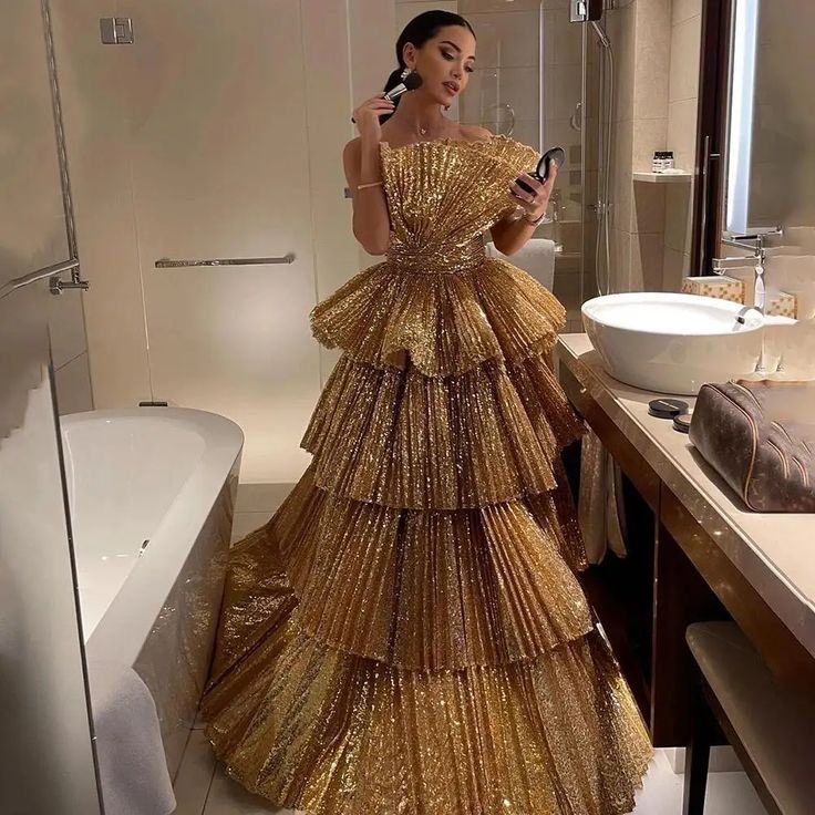 Fancy Ball Gown Strapless Gold Sequin Long Prom Dresses Evening Dress