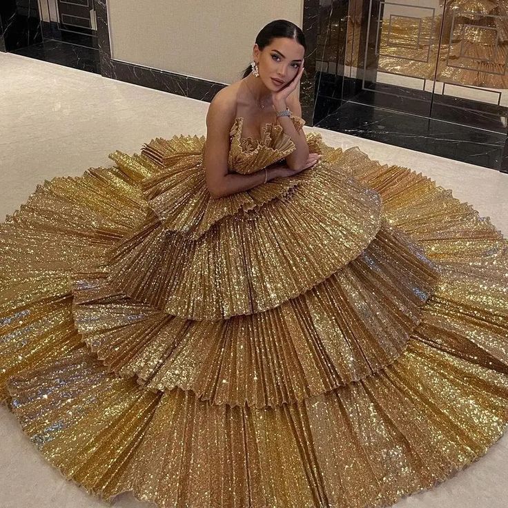 Fancy Ball Gown Strapless Gold Sequin Long Prom Dresses Evening Dress