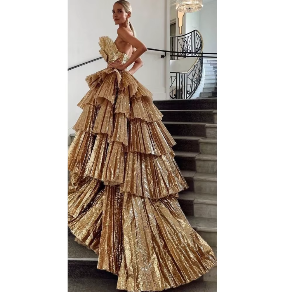 Fancy Ball Gown Strapless Gold Sequin Long Prom Dresses Evening Dress