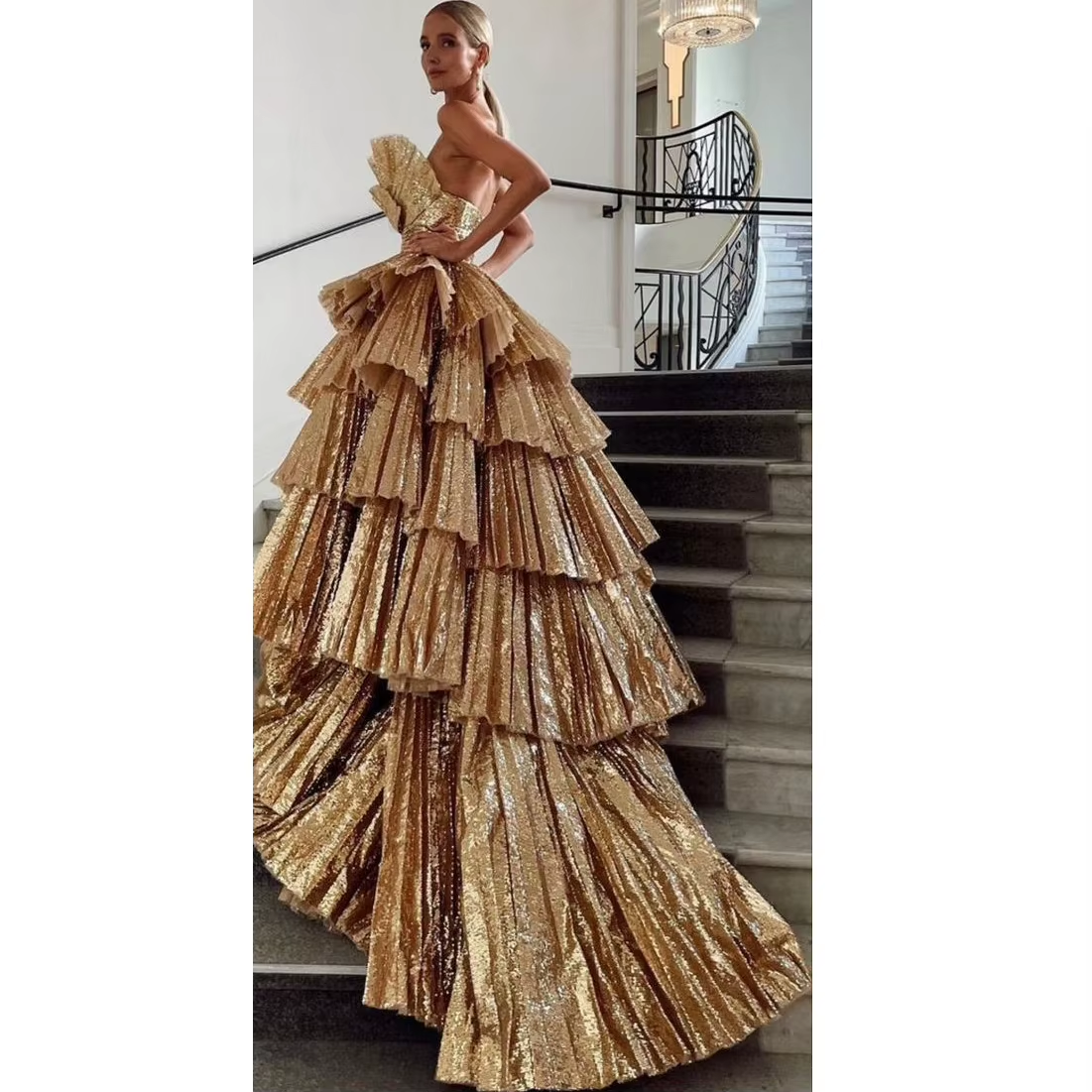 Fancy Ball Gown Strapless Gold Sequin Long Prom Dresses Evening Dress