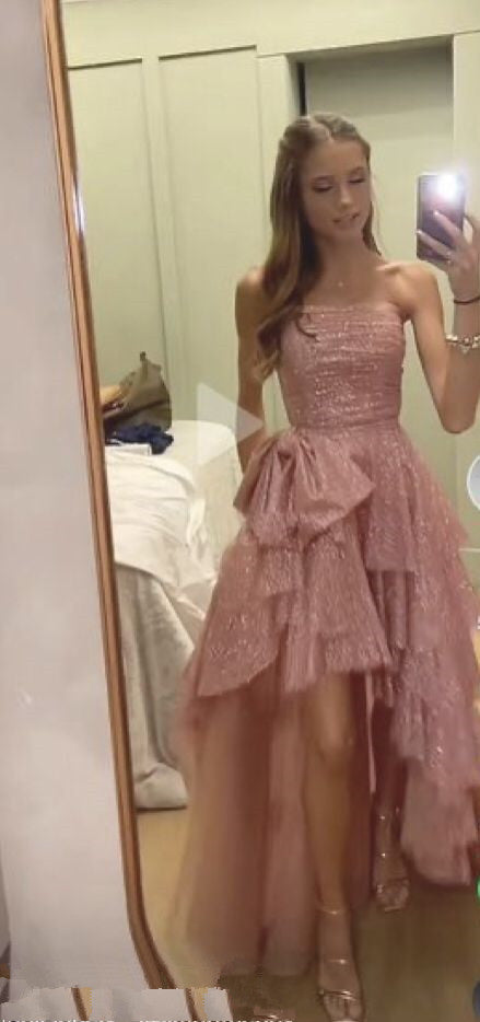 Fancy High Low Strapless Pink Sequin Long Prom Dresses Evening Dress