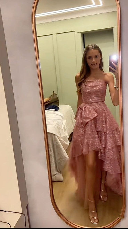 Fancy High Low Strapless Pink Sequin Long Prom Dresses Evening Dress