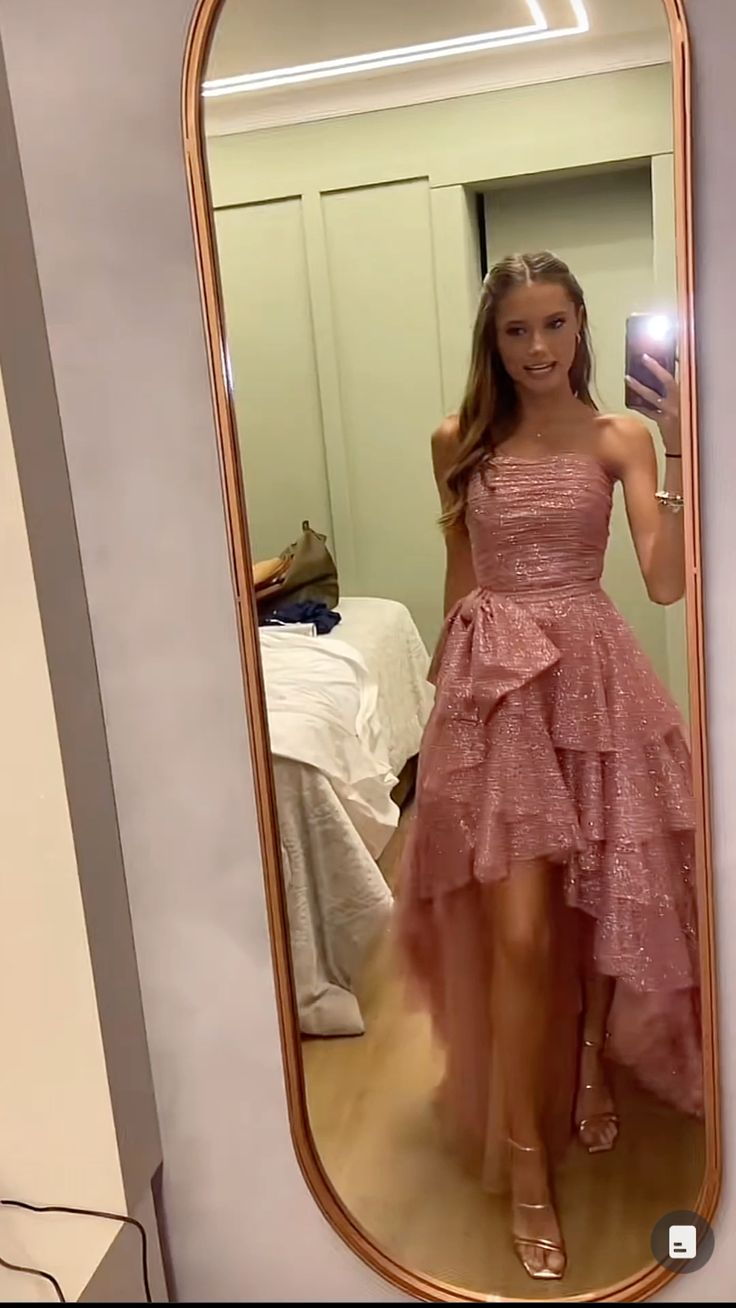 Fancy High Low Strapless Pink Sequin Long Prom Dresses Evening Dress