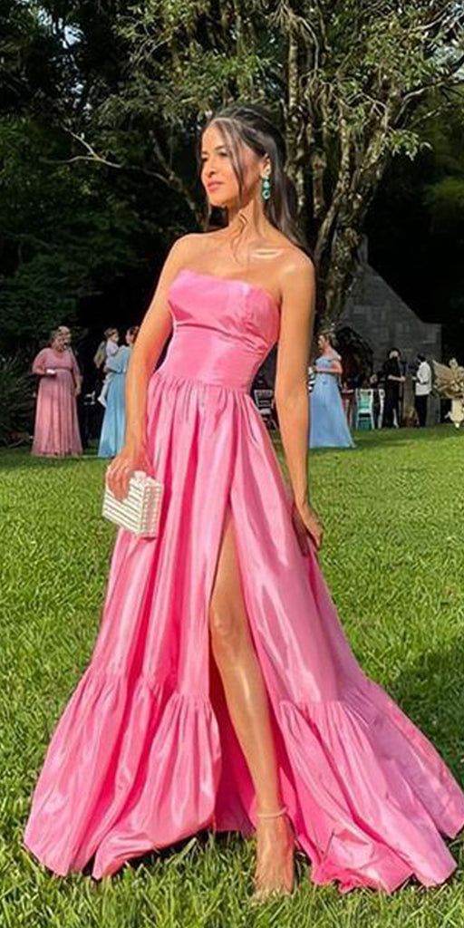 Classy A line Strapless Satin Long Prom Dresses Evening Dress