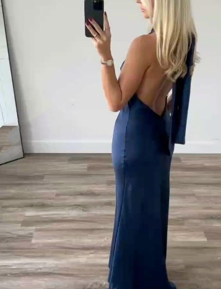 Classy A line High Neckline Streachable Satin Navy Blue Long Prom Dresses Evening Dress